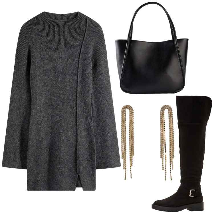 Outfit donna - Total look #2268105. Stile Glamour per Serata fuori. Abbinamento con vestiti corti, shopping bag, stivali sopra il ginocchio, orecchini.