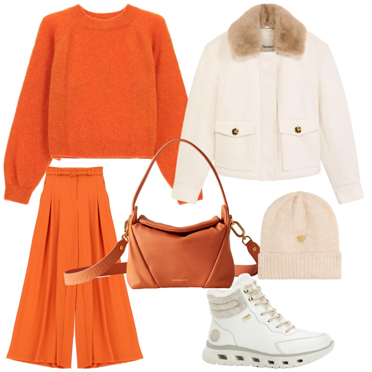 Outfit donna - Orange aurumn. Stile Casual Abbinamento con stivaletti, piumini, pantaloni a palazzo, maglieria, berretti, borse a spalla.