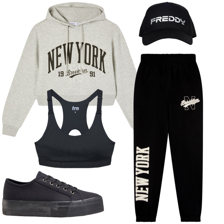 Outfit donna - Total look #2268107. Stile Sporty chic per Sport. Abbinamento con sneakers, felpe con cappuccio, pantaloni, top sportivi, cappelli.