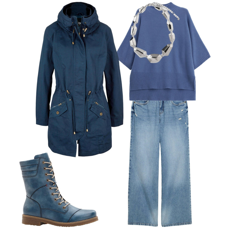 Outfit donna - Autunno in blue. Stile Casual per Tutti i giorni. Abbinamento con parka, jeans, stivaletti, maglieria, ciondoli.