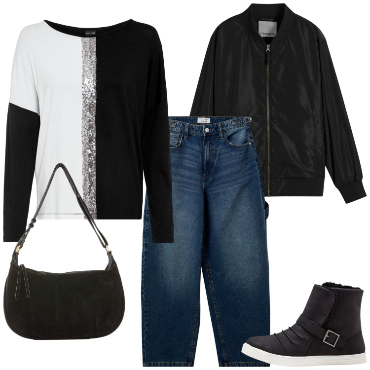 Outfit donna - Total look #2268109. Stile Urban per Tutti i giorni. Abbinamento con bomber, stivaletti, maglieria, borse a mano, jeans.