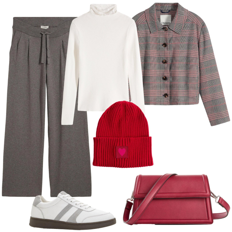 Outfit donna - Il cappellino rosso. Stile Basic per Tutti i giorni. Abbinamento con cappotti, sneakers, borse a tracolla, maglieria, pantaloni, berretti.