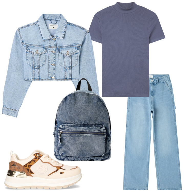 Outfit donna - Autunno jeans. Stile Casual per Tutti i giorni. Abbinamento con t-shirt, blazer, zaini, jeans, sneakers.