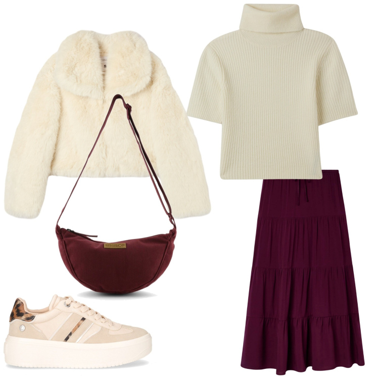Outfit donna - Sporty chic. Stile Sporty chic per Serata fuori. Abbinamento con gonne lunghe, ecopellicce, maglieria, sneakers, borse a tracolla.