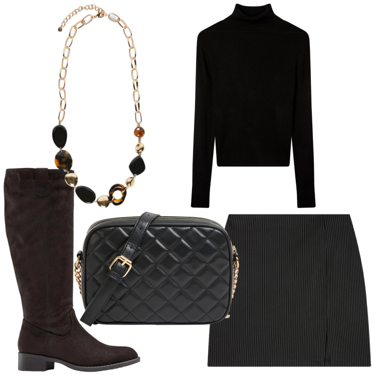 Outfit donna - Nero stivali. Stile Casual chic per Serata fuori. Abbinamento con stivali, minigonne, borse a tracolla, maglieria, collane.