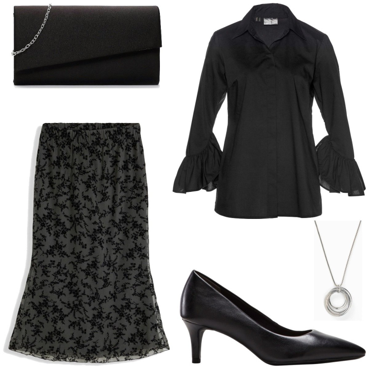 Outfit femme - Morticia. Style Casual chic pour Tous les jours. Assortir avec colliers, chaussures à talon, chemisiers, jupes au genou, pochette.