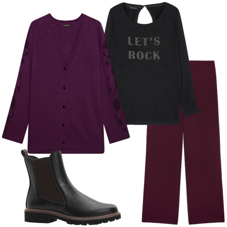 Outfit donna - Let\'s rock. Stile Casual chic per Serata fuori. Abbinamento con stivaletti chelsea, pantaloni, t-shirt, cardigans.