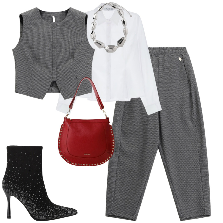 Outfit donna - City. Stile Urban per Tutti i giorni. Abbinamento con camicie, pantaloni, borse a spalla, gilet, stivaletti, ciondoli.