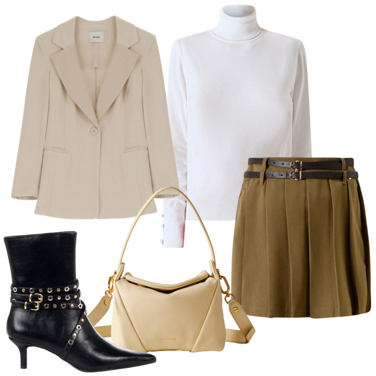 Outfit donna - Total look #2268133. Stile Trendy per Ufficio. Abbinamento con blazer, borse a spalla, minigonne, stivaletti, maglieria.