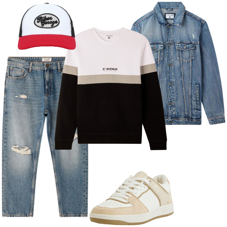 Outfit uomo - Total look #2268134. Stile Casual per Tutti i giorni. Abbinamento con sneakers, cappelli con visiera, giacche, felpe, jeans strappati.