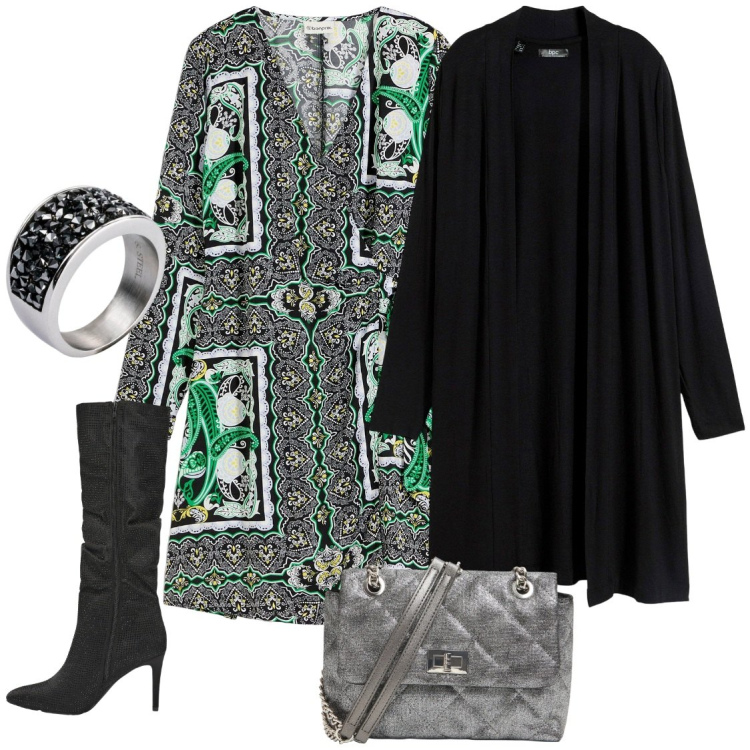 Outfit donna - Il cardigan lungo. Stile Trendy per Tutti i giorni. Abbinamento con vestiti, cardigans, anelli, stivali, borse a tracolla.