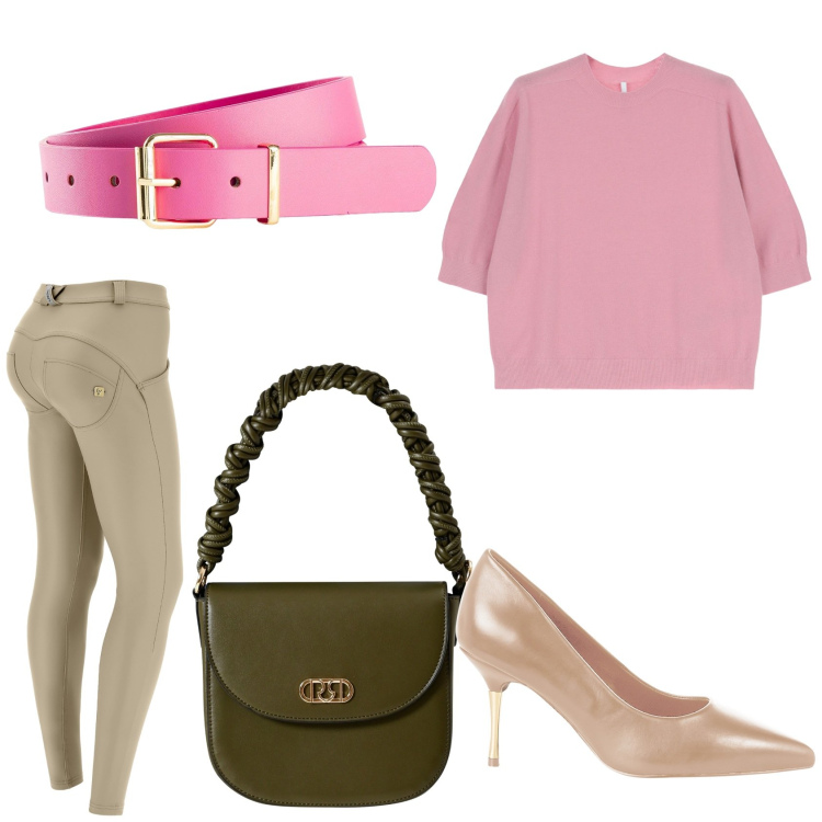 Outfit donna - Trendy in rosa e verde. Stile Casual chic per Tutti i giorni. Abbinamento con cinture, décolleté, borse a mano, maglieria, pantaloni skinny.