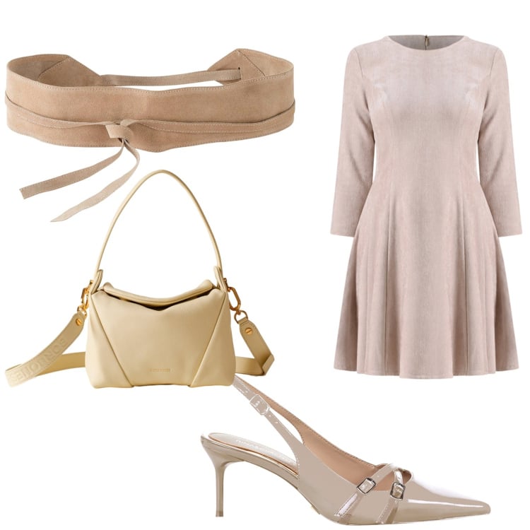 Outfit donna - Sfumature di beige in ufficio. Stile Chic per Ufficio. Abbinamento con cinture, décolleté, vestiti corti, borse a spalla.