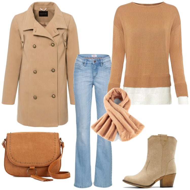 Outfit femme - L automne en un look. Style Basique pour Tous les jours. Assortir avec jean bootcut, pulls, caban, écharpes, sacs en bandoulière, bottines texanes.