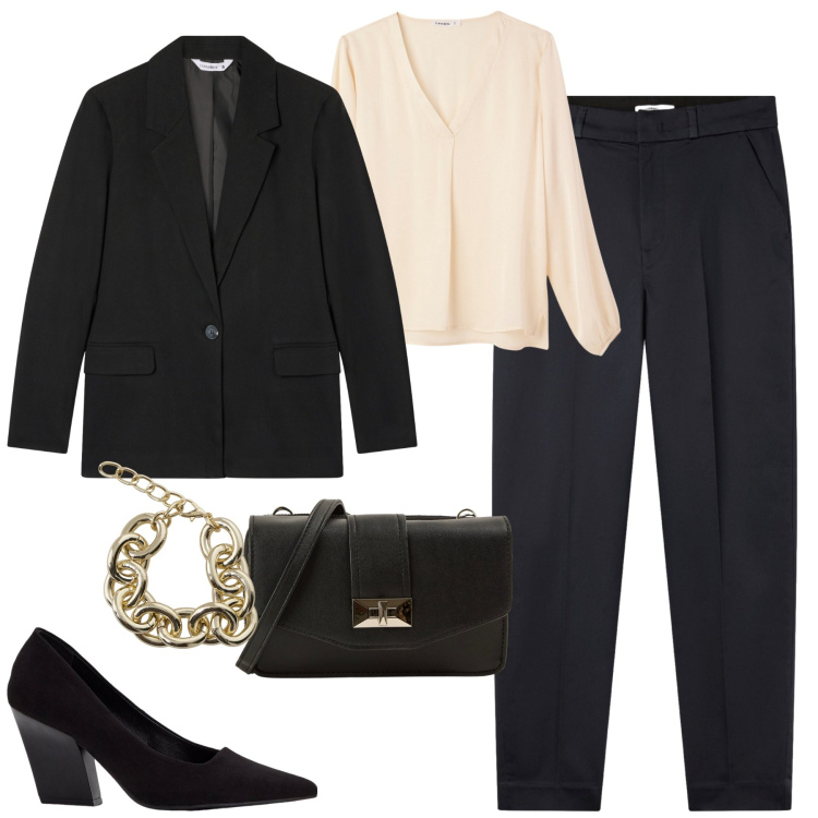 Outfit donna - In ufficio. Stile Minimal per Ufficio. Abbinamento con décolleté, borse a tracolla, bluse, pantaloni chino, blazer, braccialetti.