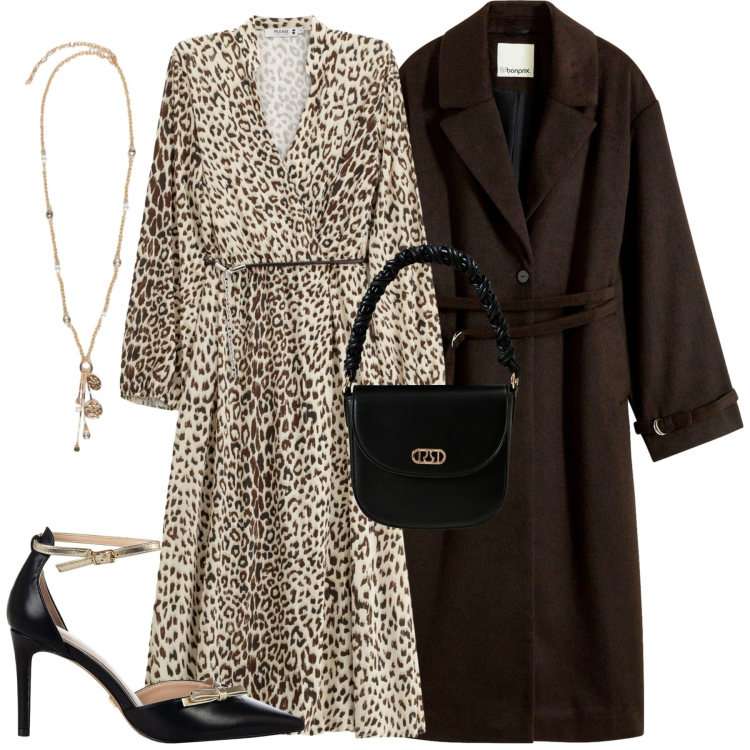 Outfit donna - Total look #2268142. Stile Trendy per Tutti i giorni. Abbinamento con cappotti, décolleté, borse a mano, vestiti midi/longuette, ciondoli.