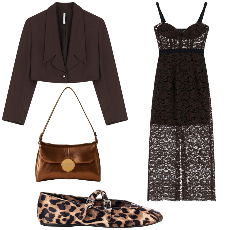Outfit donna - Ristorante romantico. Stile Glamour per Serata fuori. Abbinamento con borse a tracolla, ballerine, vestiti midi/longuette, blazer.