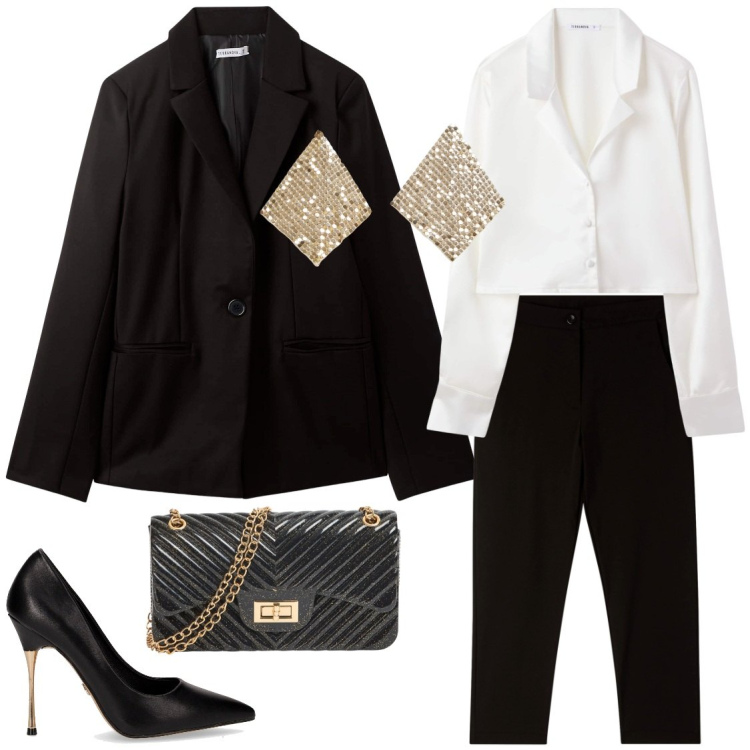 Outfit donna - Un classico. Stile Chic per Serata fuori. Abbinamento con orecchini, blazer, camicie, pantaloni capri, borse a tracolla, décolleté.