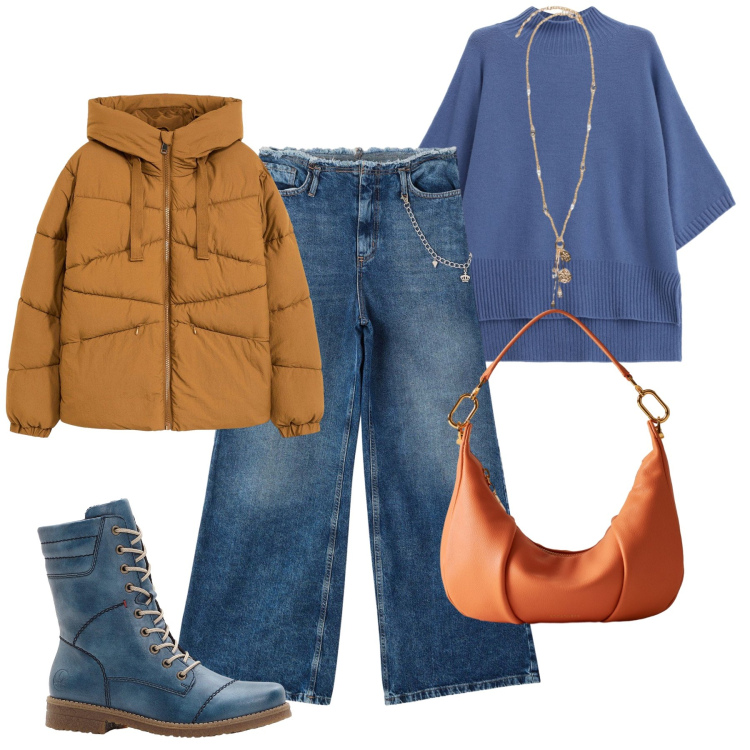Outfit donna - Weekend in montagna. Stile Casual per Tutti i giorni. Abbinamento con giacche, stivaletti, jeans dritti, borse a spalla, maglieria, ciondoli.
