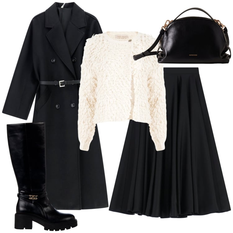 Outfit donna - City. Stile Minimal per Tutti i giorni. Abbinamento con borse a mano, cardigans, stivali sopra il ginocchio, gonne longuette, cappotti.