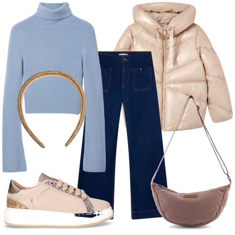 Outfit donna - Tempo di saldi. Stile Urban per Tutti i giorni. Abbinamento con maglieria, jeans, cerchietti, giacche, sneakers, borse a tracolla.