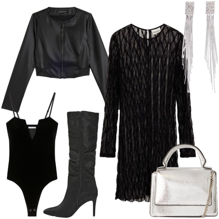 Outfit donna - Halloween style. Stile Rock per Serata fuori. Abbinamento con vestiti corti, orecchini, stivali, borse a tracolla, body, giacche.