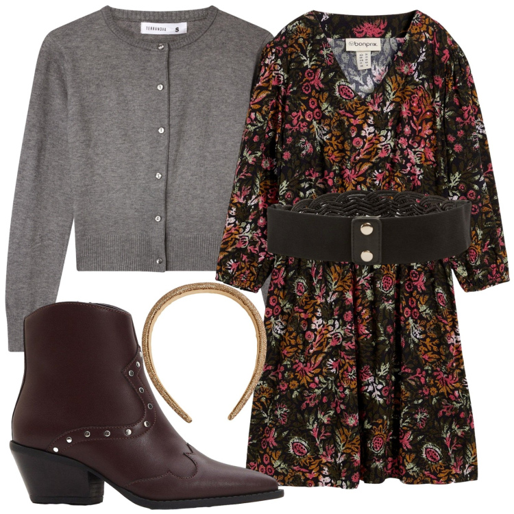 Outfit donna - Fiori d\' autunno. Stile Boho per Serata fuori. Abbinamento con stivaletti texani, vestiti, cerchietti, cinture, cardigans.