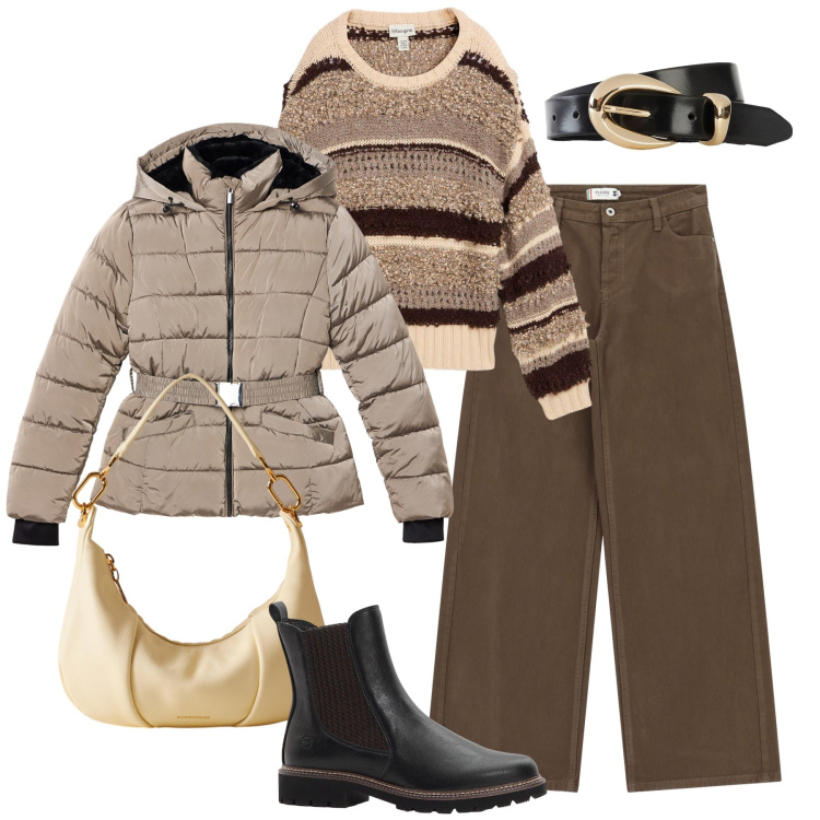 Outfit donna - Freddo in città. Stile Urban per Tutti i giorni. Abbinamento con cinture, stivaletti chelsea, maglieria, piumini, pantaloni a palazzo, borse a spalla.