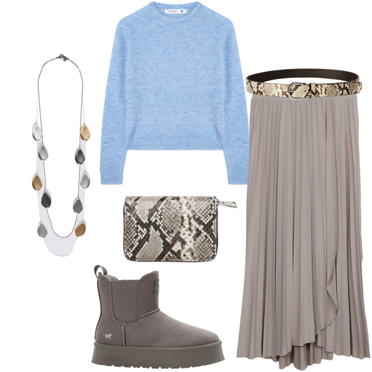 Outfit donna - Total look #2268153. Stile Casual per Ufficio. Abbinamento con stivaletti, gonne lunghe, maglieria, cinture, portafogli, collane.