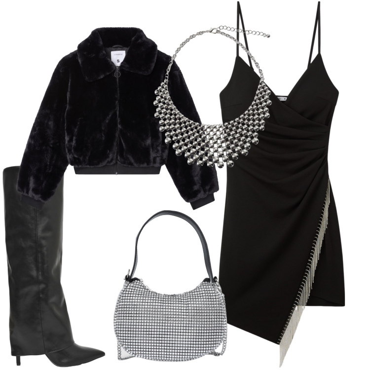 Outfit donna - Una serata luccicao. Stile Glamour per Serata fuori. Abbinamento con vestiti corti, ecopellicce, borse a spalla, stivali, collane.