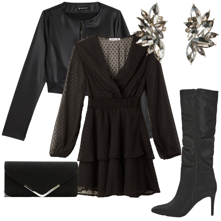 Outfit donna - Eleganti a cena. Stile Glamour per Serata fuori. Abbinamento con orecchini, pochette, vestiti corti, stivali, giacche.