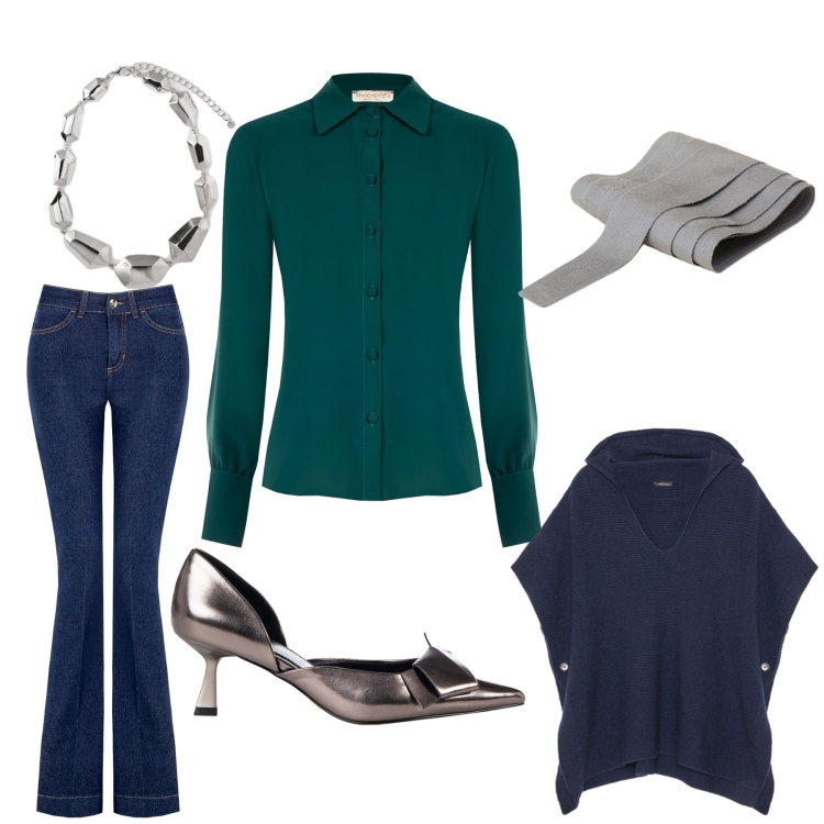 Outfit donna - Stile e fantasia. Stile Casual chic per Serata fuori. Abbinamento con jeans a zampa, décolleté, camicie, cinture, maglieria, ciondoli.