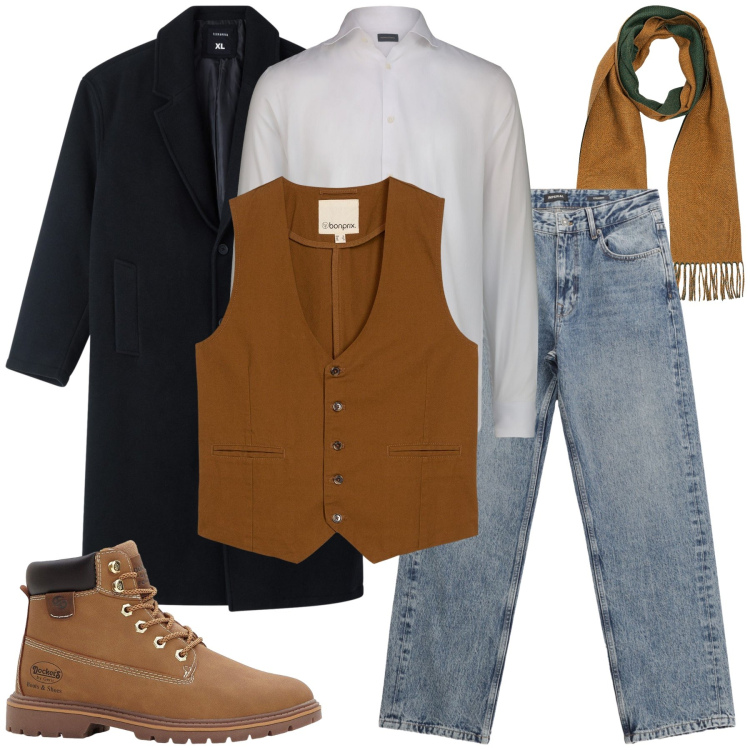 Outfit uomo - Quel gilet cammello. Stile Trendy per Tutti i giorni. Abbinamento con gilet, stivali e stivaletti, cappotti, jeans dritti, sciarpe, camicie.