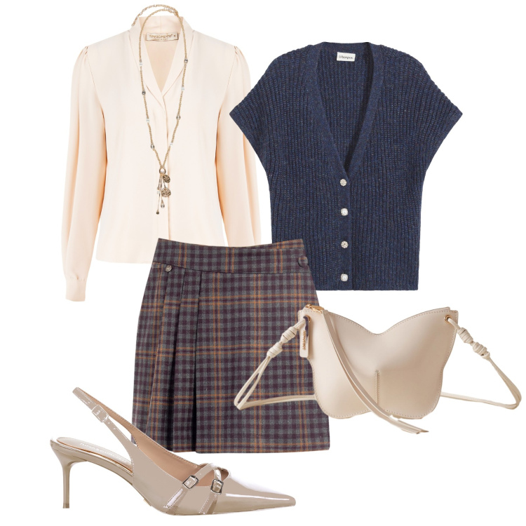Outfit donna - Aperitivo in skort. Stile Glamour per Tutti i giorni. Abbinamento con maglieria, minigonne, camicie, décolleté, borse a tracolla, ciondoli.