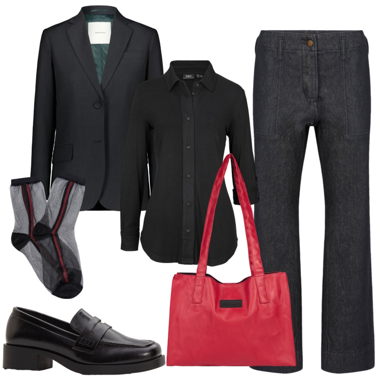 Outfit donna - Glamour in ufficio. Stile Mannish per Ufficio. Abbinamento con mocassini, camicie, shopping bag, pantaloni, blazer, calzini.