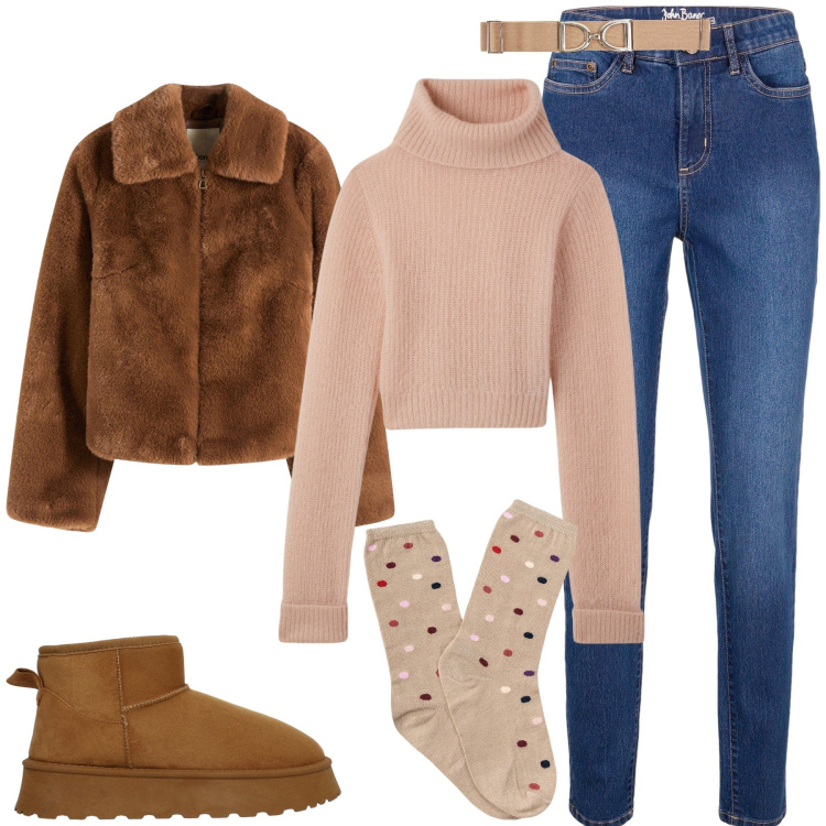 Outfit donna - Pronte per il freddo. Stile Trendy per Tutti i giorni. Abbinamento con jeans skinny, ecopellicce, maglieria, cinture, stivali, calzini.