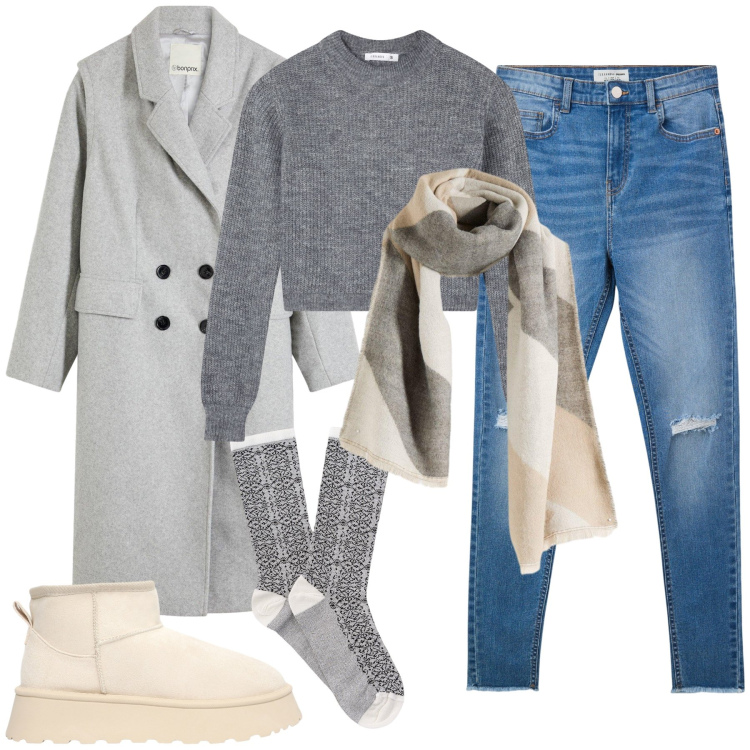 Outfit donna - Grigio e panna. Stile Glamour per Tutti i giorni. Abbinamento con cappotti, foulard, maglieria, jeans strappati, stivaletti, calzini.