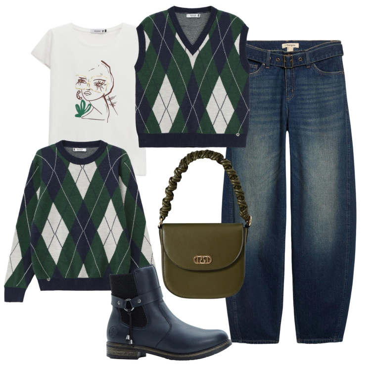 Outfit donna - Autunno a strati. Stile Casual per Tutti i giorni. Abbinamento con jeans, stivaletti chelsea, t-shirt, gilet, maglieria, borse a mano.