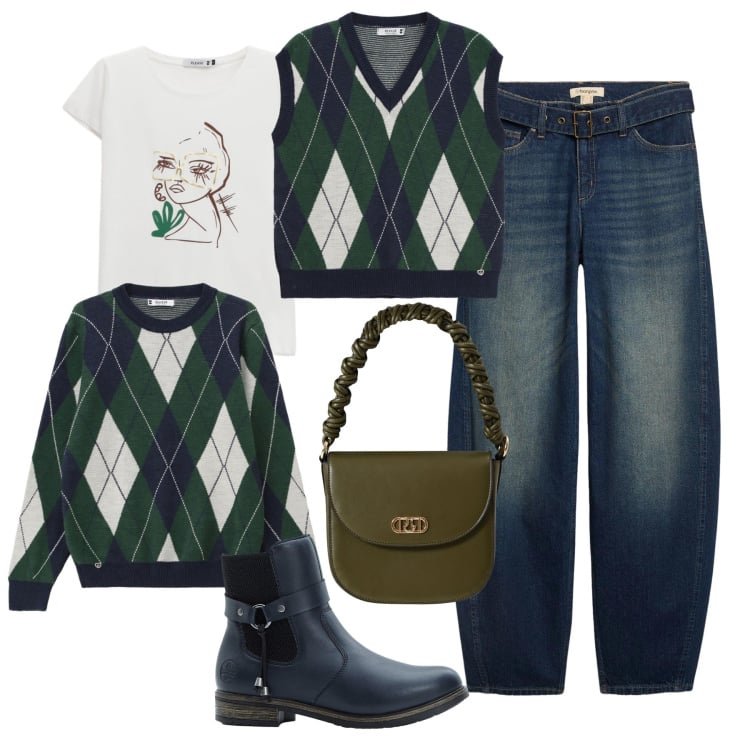 Outfit donna - Autunno a strati. Stile Casual per Tutti i giorni. Abbinamento con jeans, stivaletti chelsea, t-shirt, gilet, maglieria, borse a mano.