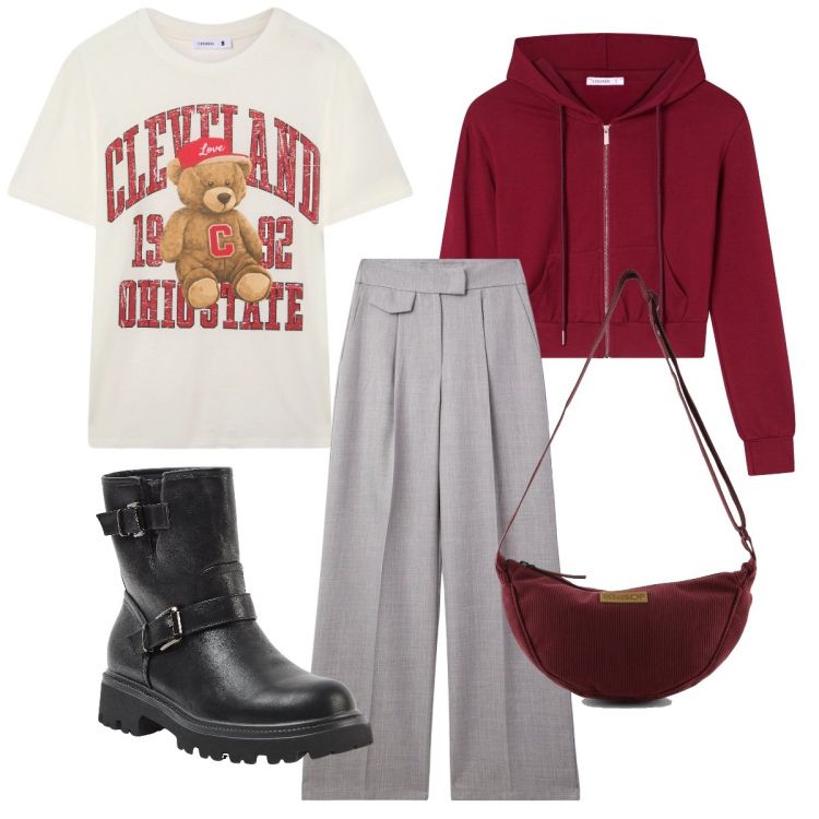 Outfit donna - Teddy bear. Stile Casual chic per Scuola/Università. Abbinamento con pantaloni, felpe con cappuccio, stivaletti, t-shirt, borse a tracolla.