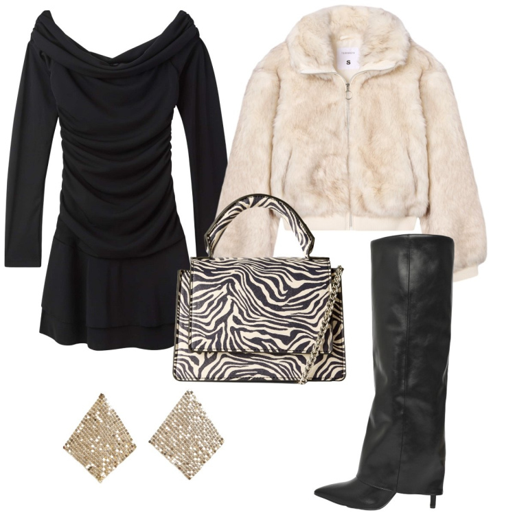 Outfit donna - Party time. Stile Trendy per Serata fuori. Abbinamento con orecchini, borse a tracolla, stivali, ecopellicce, vestiti corti.