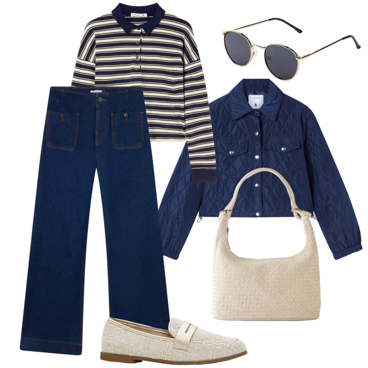 Outfit donna - Sessione universitaria. Stile Casual per Scuola/Università. Abbinamento con occhiali da sole, mocassini, shopping bag, jeans, polo, giacche.