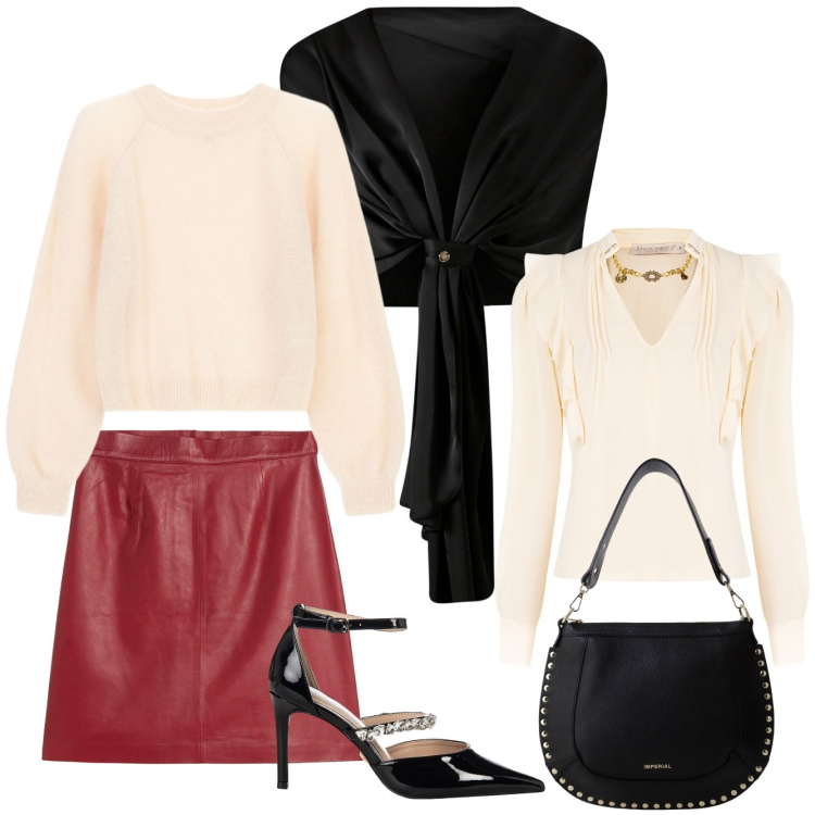 Outfit donna - Classy date. Stile Chic per Serata fuori. Abbinamento con minigonne, scialli, bluse, décolleté, borse a spalla, maglieria.