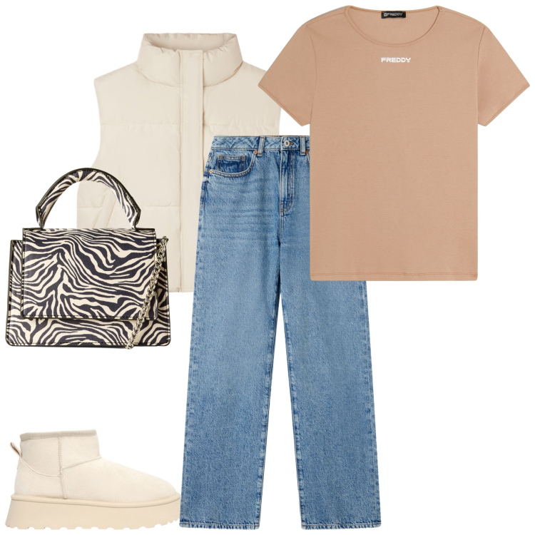 Outfit donna - Total look #2268175. Stile Casual chic per Scuola/Università. Abbinamento con borse a tracolla, jeans dritti, piumini, stivaletti, t-shirt.