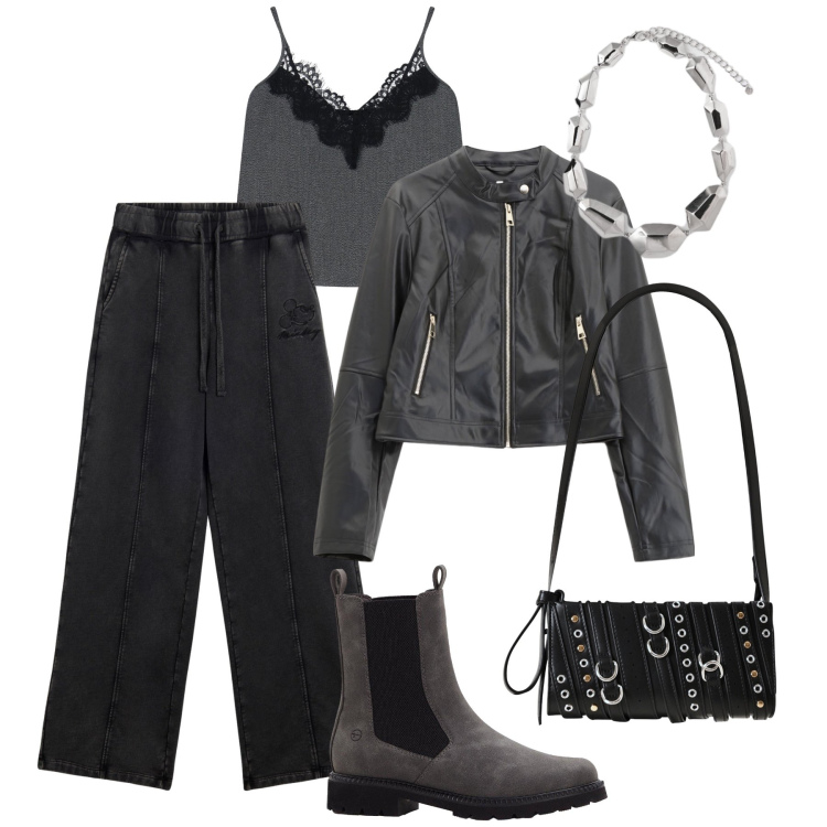 Outfit donna - Serata mood rock. Stile Rock per Serata fuori. Abbinamento con stivaletti chelsea, borse a spalla, top, giacche, pantaloni, ciondoli.