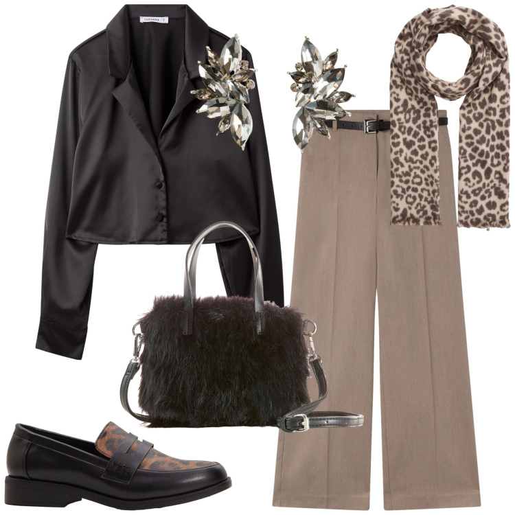 Outfit donna - Total look #2268177. Stile Glamour per Ufficio. Abbinamento con orecchini, mocassini, borse a mano, pantaloni, camicie, sciarpe.