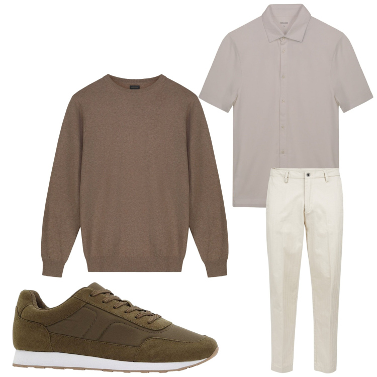 Outfit uomo - Qualcosa di beige. Stile Casual per Tutti i giorni. Abbinamento con sneakers, pantaloni, polo, maglieria.