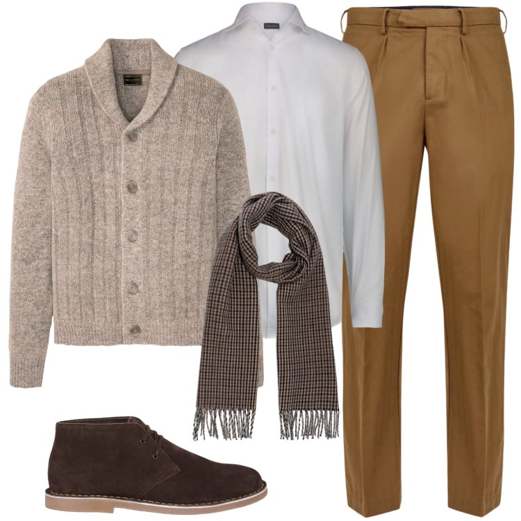 Outfit uomo - I pantaloni cammello. Stile Casual per Ufficio. Abbinamento con cardigans, pantaloni, stivali e stivaletti, sciarpe, camicie.