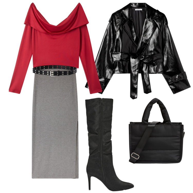 Outfit donna - La sera. Stile Casual chic per Serata fuori. Abbinamento con t-shirt, gonne lunghe, shopping bag, cinture, stivali, giacche.