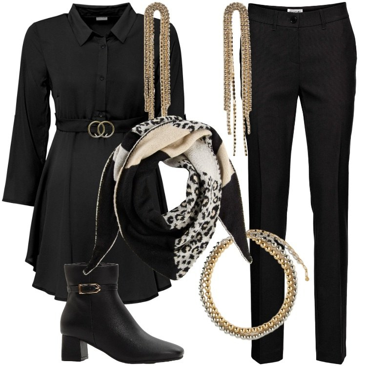 Outfit donna - Total look #2268184. Stile Mannish per Serata fuori. Abbinamento con camicie, pantaloni, foulard, stivaletti, orecchini, collane.